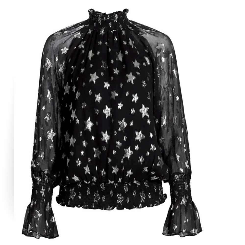 Ramy Brook Stassi Star Print Blouse Black Sheer Long Sleeve High Neck Size XS